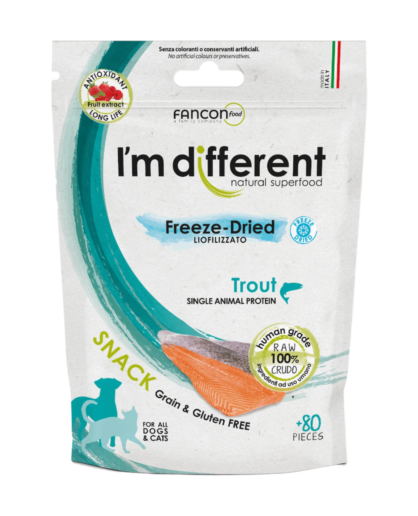 I'm different Trout Snack liofilizuoti vieno baltymo skanėstai su upėtakiu