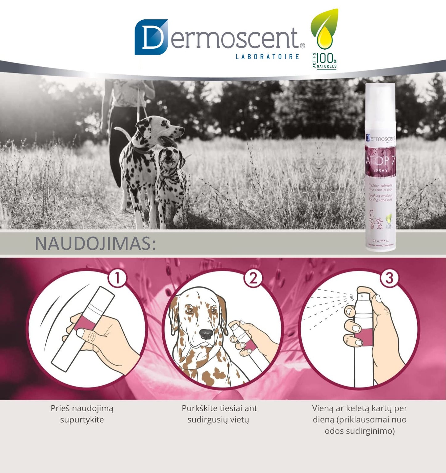 Dermoscent® ATOP 7 SPRAY - raminantis, drėkinantis odos purškalas