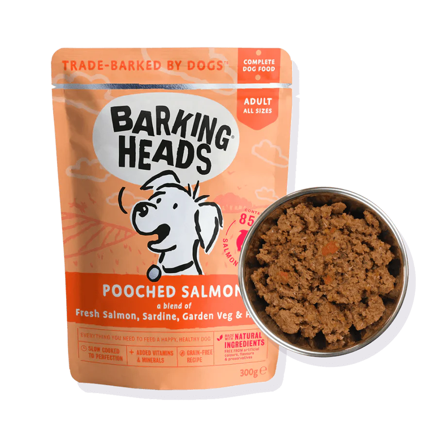 BARKING® HEADS POOCHED SALMON konservuotas ėdalas su lašiša